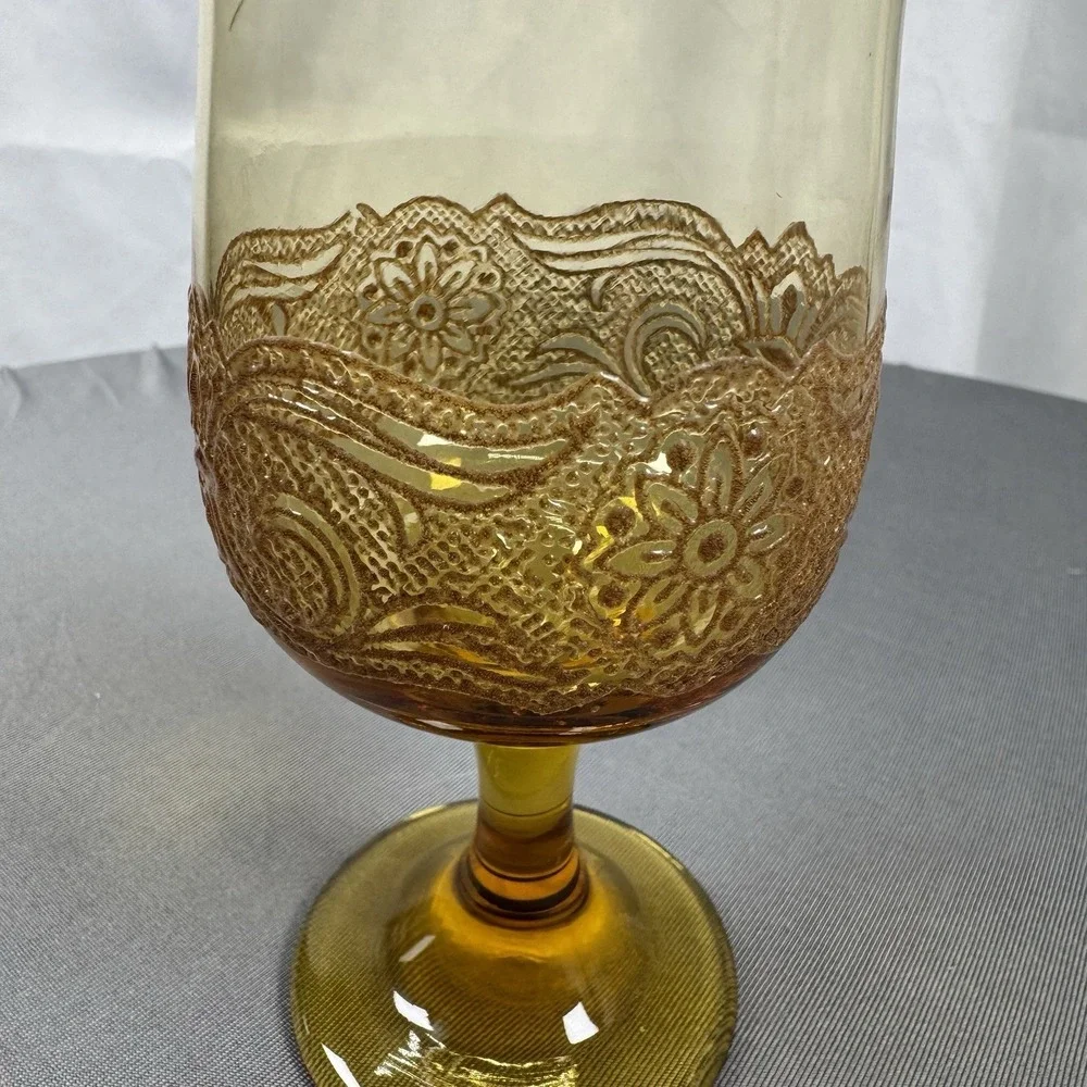 Vintage Libbey Floral Amber Glass Embossed Water Goblet‎  Boho